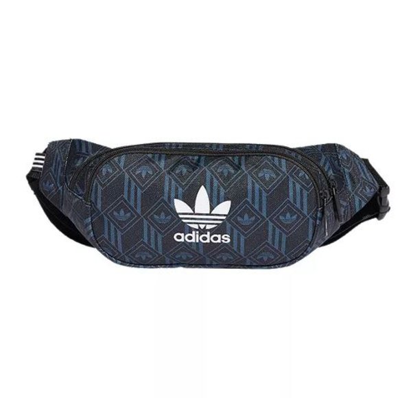 New Adidas Blue Black Monogram Graphic Adjustable Waist Bag Pouch Belt Bag - Picture 3 of 16